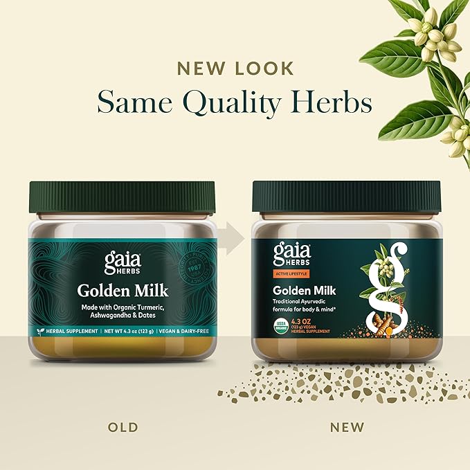 Gaia Herbs Golden Milk - Traditional Relaxation Support Supplement Powder with Organic Turmeric Black Pepper Ashwagandha Cardamom &amp More for an Ayurvedic Cup of Calm* - 4.3 Oz (About 35 Serving