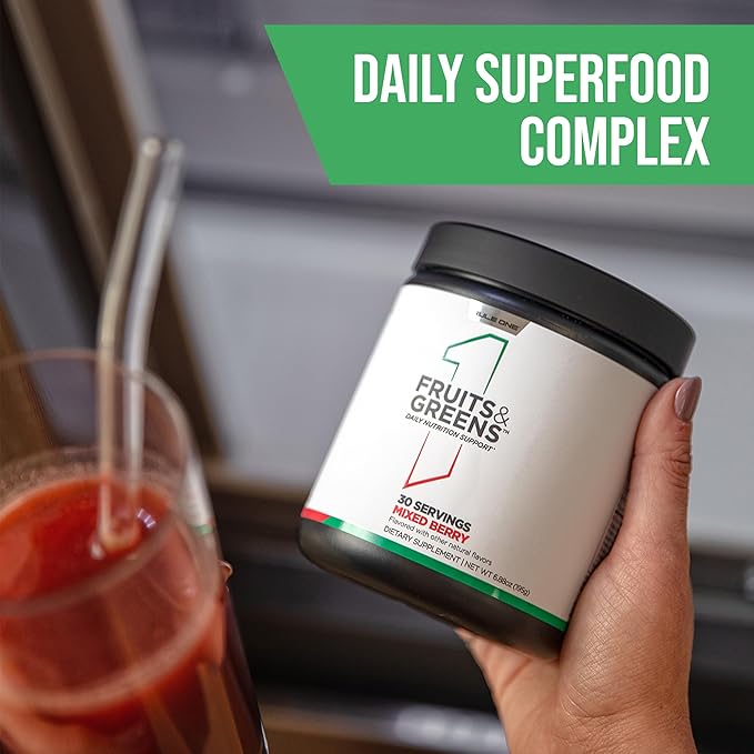 Rule 1 Proteins Fruits &amp Greens Powder - 40+ Active Ingredients Including 4g Fruit &amp Vegetable Concentrates + 2g Prebiotic Fiber for Daily Wellness (30 Servings Mixed Berry)