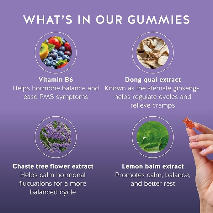 PMS Support Supplement for Women. Menstrual Relief Gummies to Target Hormonal Breakouts Bloating Period Cramps &amp Mood Swings. Vegan with Vitamin B6 &amp Lemon Balm 60 Gummies
