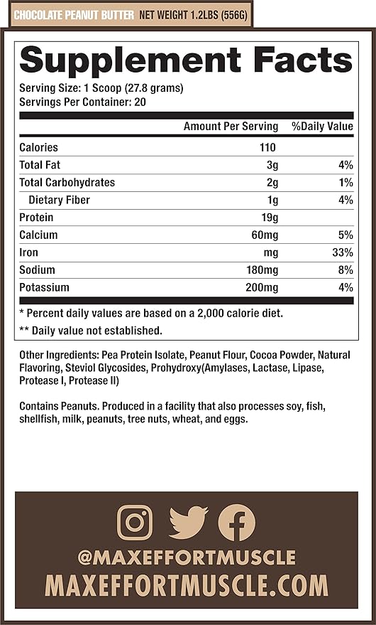 MAX EFFORT Plant Protein Powder 19 G Pea Protein Plant Based Gluten Free Low Carb Protein Shake or Smoothie Mix Meal Replacement No Whey No Sugar Substitutes Chocolate Peanut Butter 20 Srvg