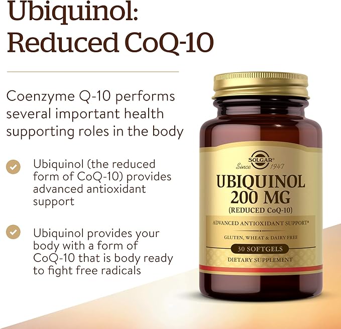 Solgar Ubiquinol 200 mg (Reduced CoQ-10) 30 Softgels - Promotes Heart &amp Brain Function - Supports Healthy Aging - Coenzyme Q10 - Ubiquinone Supplement - Gluten Free Dairy Free - 30 Servings