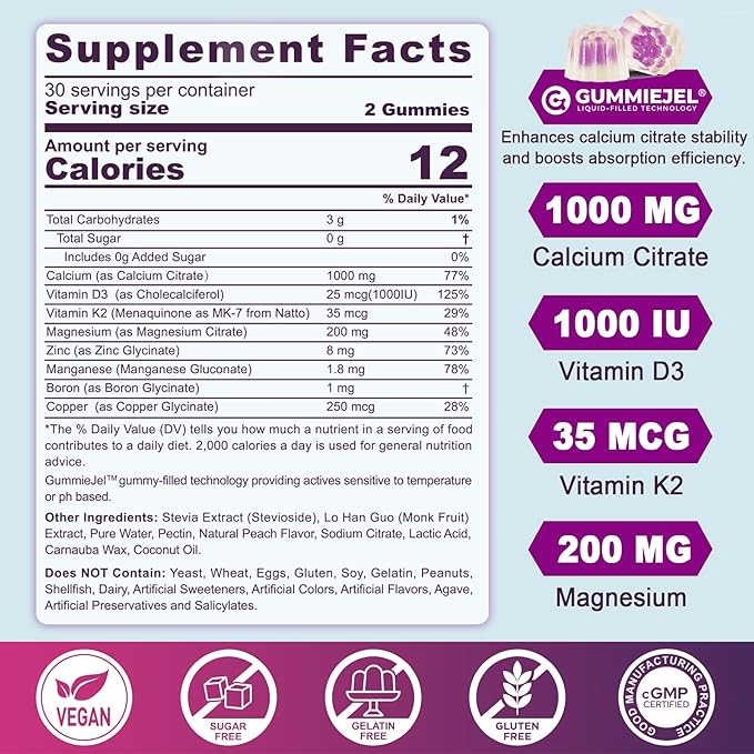 Sugar-Free Calcium Citrate Gummies 1000mg w/Vitamin D3 K2 Magnesium Zinc Boron Manganese Copper for Bone Muscle &amp Immune Ultimate Absorption Calcium Supplement for Women &amp Men - Vegan