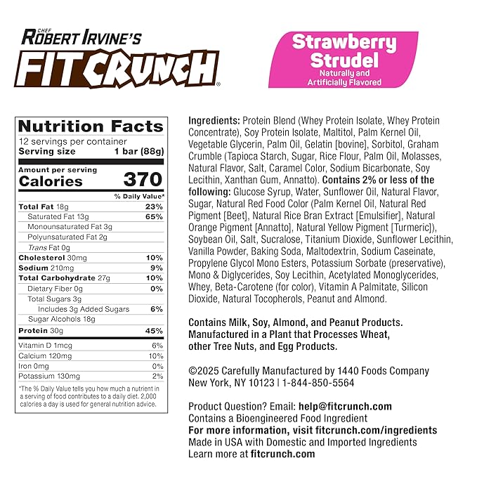 FITCRUNCH Full Size Protein Bars 6-Layer Baked Bar 3g of Sugar Gluten Free &amp Soft Cake Core (12 Bars Strawberry Strudel)