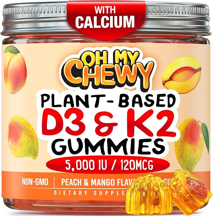 Center-Filled Vitamin D3 K2 &amp Calcium Gummies - Supplement for Healthy Teeth Bone &amp Energy - 5000 IU D3 120 mcg K2(MK-7) 120 mg CA - Vegan &amp Non-GMO - 120 Count