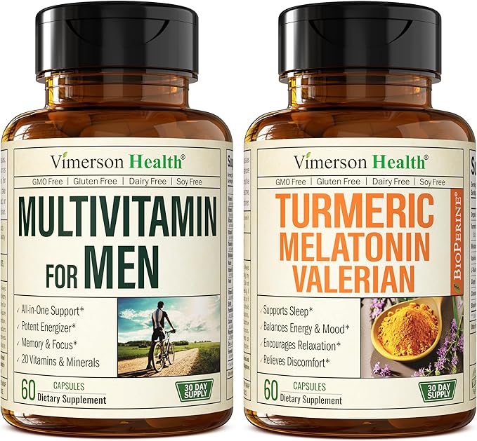 Mens Multivitamins + Turmeric Melatonin Valerian Bundle for Joint Support and Discomfort Relief Immune Health &amp Inflammatory Response