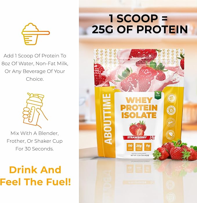 About Time Whey Protein Isolate Powder 25g Strawberry Natural Ingredients Non-GMO Gluten-Free Lactose-Free Zero Sugar Low Carb 32 Servings