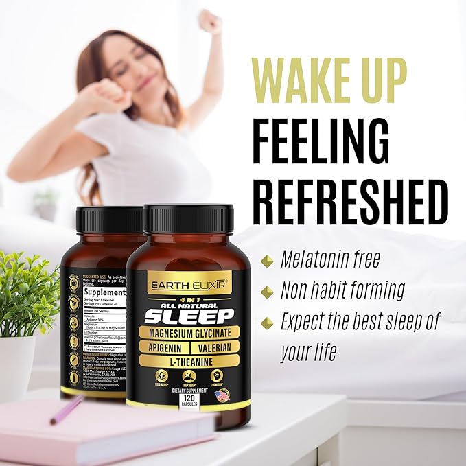 Earth Elixir 4-in-1 Sleep Aid (120 Caps) w/Apigenin 50mg Magnesium Glycinate 200mg L Theanine 200mg &amp Valerian Root for Sleep Aid 300mg | Apigenin Supplement for Sleep | Sleeping Pills