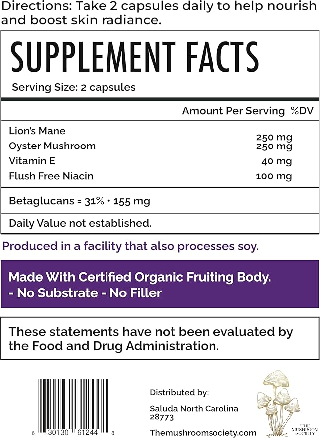 Skin Rejuvenation Supplement - Inner Skin Glow &amp Cellular Repair Formula – Lion’s Mane Oyster Vitamin E Niacin + Beta-Glucans – Antioxidant + Beauty Blend - 120 Vegan Capsules