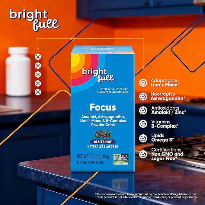 Supplement Focus Sugar Free Dietary Supplement Drink Mix with Ashwagandha Lion’s Mane B Vitamins B1 B2 B3 B5 B6 B12 for Cognitive Performance &amp Clarity BlackBerry 21 Day Supply