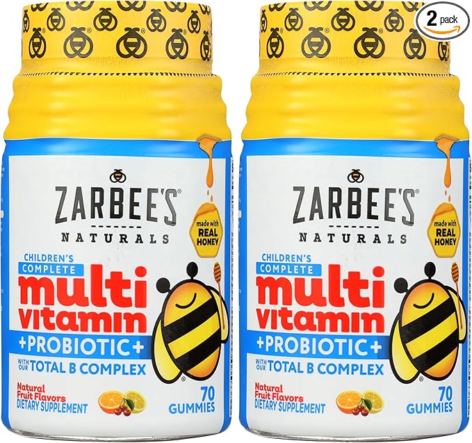 Zarbee's Kid's Complete Multivitamin + Probiotic Gummies with Vitamins A B C D E &amp zinc for Digestive Health Easy to Chew Kids Daily Multivitamin Gummies Natural Fruit70 Count (Pack of 2)