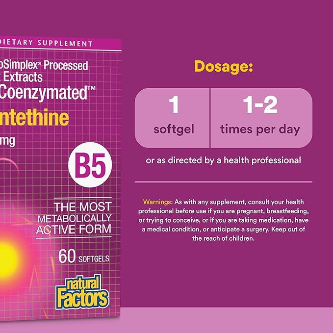 Natural Factors BioCoenzymated Pantethine - B Vitamin Support for Energy Support &amp Cardiovascular Health - Active Coenzyme Form - Non-GMO Gluten-Free &amp Dairy-Free - 60 Softgels