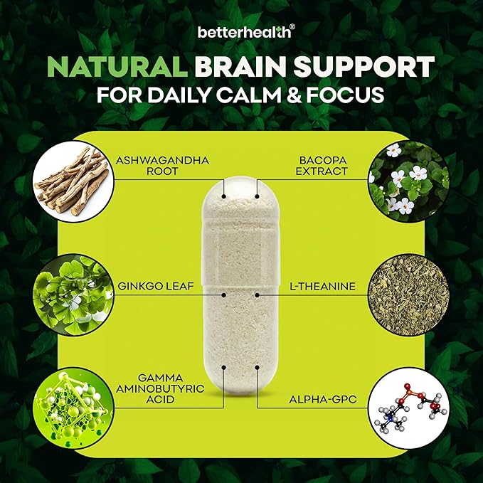 Brain Health Supplement for Memory Focus &amp Calm Cognitive Support with Ashwagandha L-Theanine Alpha GPC Bacopa &amp Ginkgo Daily Brain Support 60 Capsules