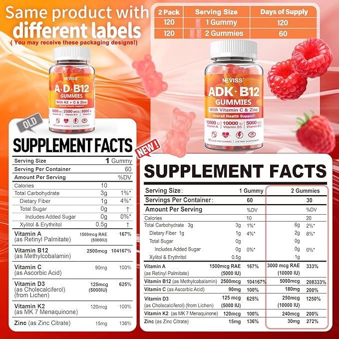 Sugar-Free ADK+Vitamin B12 Gummies - Vitamin D3 K2 10000IU/ 5000IU B12 5000mcg 2500mcg K2 (MK-7) 240mcg Multivitamin Adults-Vitamin AVegan Vitamin DMethyl B12CZinc-EyeBoneEnergyNerveImmune