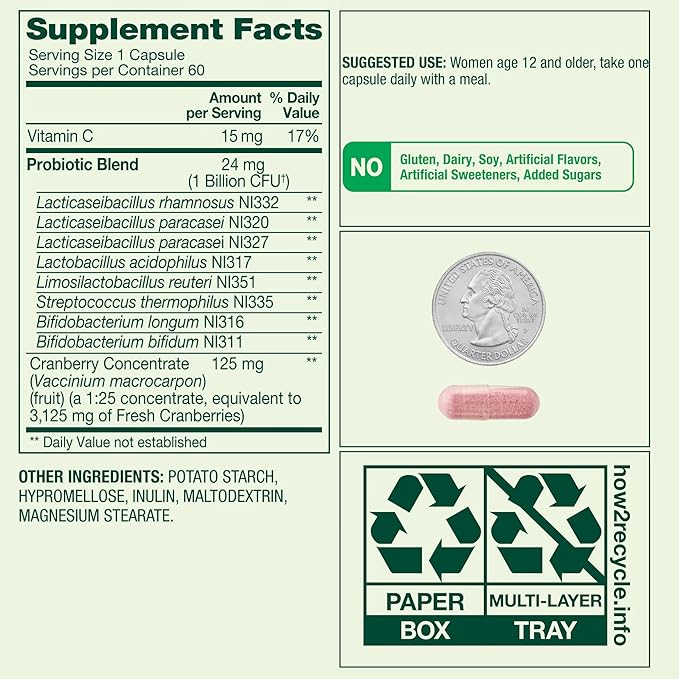 Spring Valley Probiotics for Women 60 Capsules Dietary Supplement Vegetarian Capsules for Digestive Health Cranberry 60 Count Value Size
