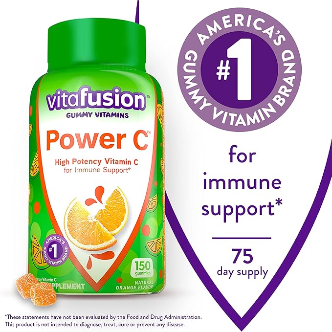 Vitafusion Extra Strength Biotin Gummy Vitamins &amp Power C Vitamin C Gummies for Immune Support Orange Flavored 282 mg Vitamin C America’s Number 1 Gummy Vitamin Brand 50 Day Supply 150 Count