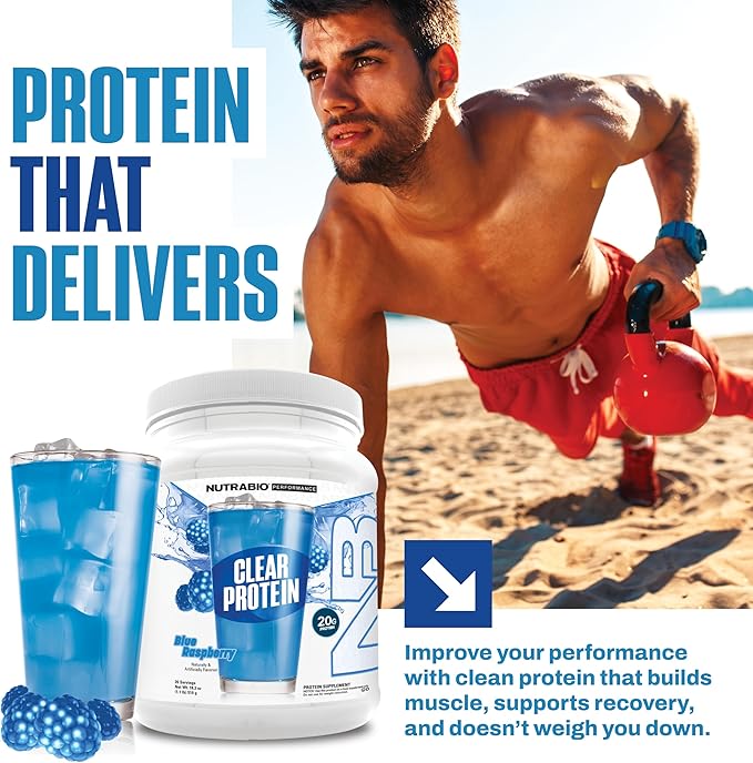 NutraBio Clear Protein Powder Blue Raspberry - 20 Servings 20g Clear Whey Protein Isolate 0 Sugar 0g Lactose Refreshing Fruit Flavors GLP1 Support - Bone Health - Muscle Post Workout Recovery