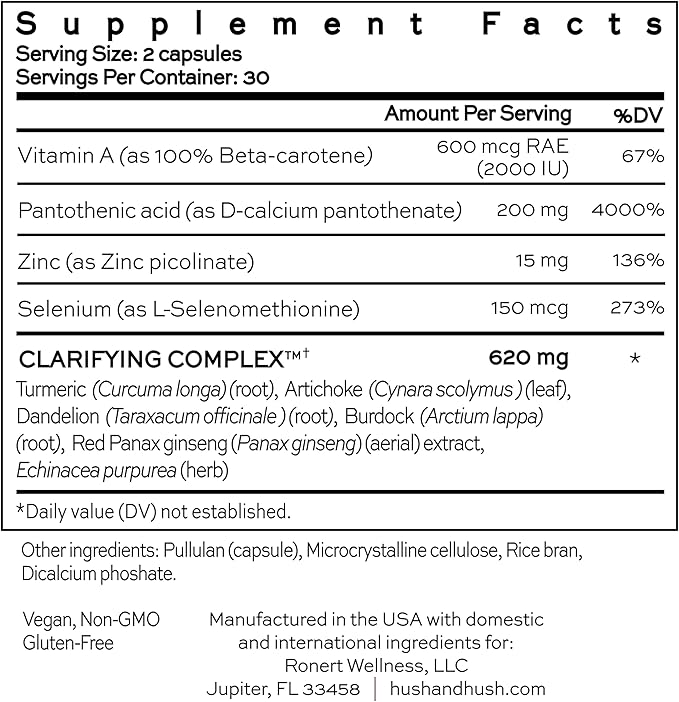 Hush &amp Hush Acne Supplements for Clear Skin – Clinically Proven Formula to Reduce Breakouts &amp Blemishes – Supports Hormonal Balance with Vitamin A Zinc &amp Antioxidants – Vegan Non-GMO – 6