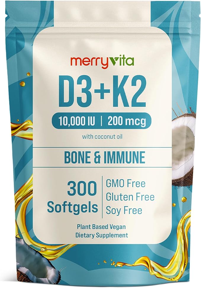 Vitamin D3 K2 300 Softgels – 10000 IU &amp 200 MCG K2 MK7 – Plant-Based Vegan Non-GMO Gluten-Free – Coconut Oil – Immune Bone &amp Muscle Support – D3 con K2 vitamina Supplement