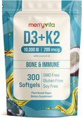 Vitamin D3 K2 300 Softgels – 10000 IU &amp 200 MCG K2 MK7 – Plant-Based Vegan Non-GMO Gluten-Free – Coconut Oil – Immune Bone &amp Muscle Support – D3 con K2 vitamina Supplement