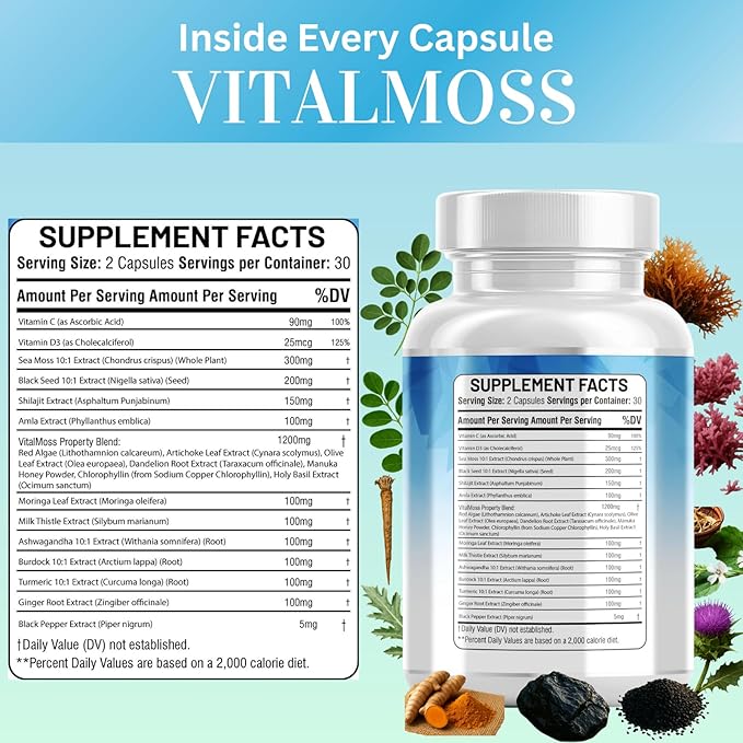 Sea Moss Complex with Black Seed Oil Ashwagandha Burdock Root Shilajit Amla Moringa Turmeric Manuka Ginger Vitamin C Vitamin D3 120 Count (Pack of 2)
