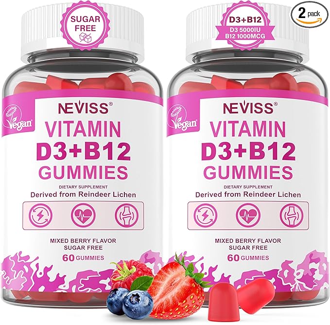 NEVISS 2Pack Vegan Vitamin D3 + Vitamin B12 Gummies High Potency D3 5000IU &amp 1000 mcg Methylated B12 Vitamin D3 and B12 for Adults Support Bone Health Immune &amp Energy Supplement 120 Count