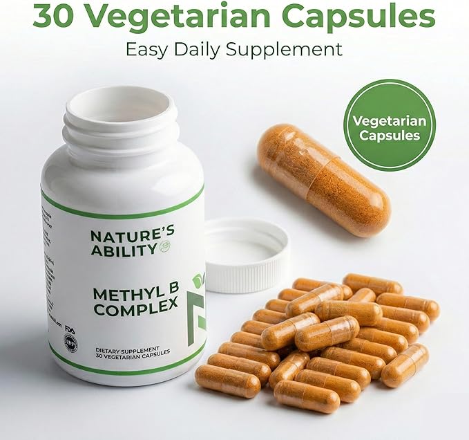 NATURE'S ABILITY Methyl B Complex - Methylated B Vitamins with Folate &amp B12 - Supports MTHFR Energy &amp Metabolism - 30 Vegetarian Capsules
