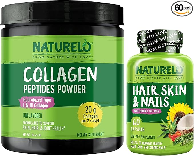 NATURELO Hair Skin and Nails Multivitamin 60 Count Collagen Peptide Powder 45 Servings