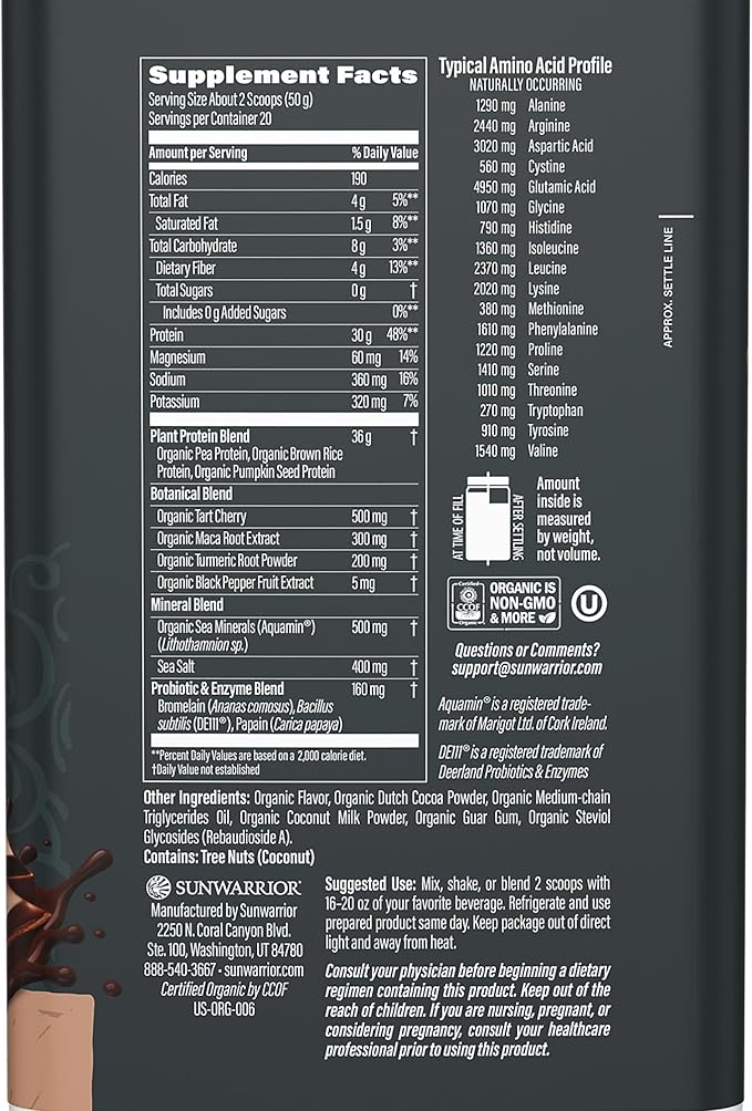 Sunwarrior Organic Plant Based Protein Powder | Vegan Organic Protein Powder with BCAA Amino Acids Plus Recovery Minerals &amp Botanicals | Non-GMO Soy Dairy &amp Gluten Free (Chocolate 20 Servings