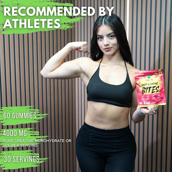 Nutrify Daily Creatine Gummies for Women and Men - 4g Creatine Monohydrate per Serving for Muscle Growth &amp Recovery - Sugar-Free Low-Calorie with Vitamin B12 for Energy Boost -Strawberry