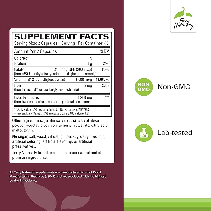 Terry Naturally Liver Fractions - Endurance &amp Energy Support with Gentle Iron - Dietary Supplement Supports Healthy Red Blood Cell Formation - Iron Supplement for Liver Health - 90 Capsules