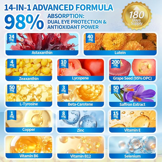 VivoNu 14-in-1 Astaxanthin 24mg &amp Lutein 40mg with Zeaxanthin Supplements 12 Month Supply 360 Softgels 2 Bag