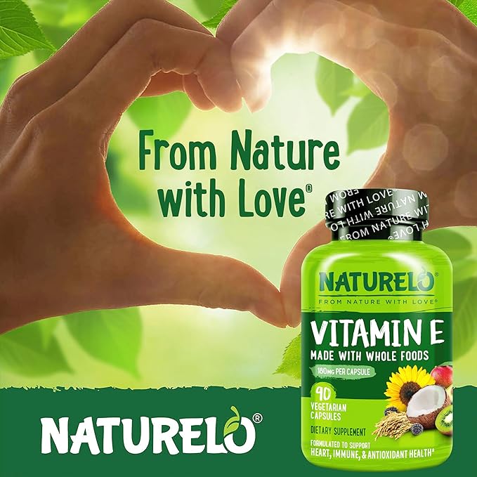NATURELO Vitamin E Capsules 180 mg - 90 Vegan Capsules | Supports Skin Hair and Nails | Immune and Eye Health | Natural Mixed Tocopherols &amp Whole Foods | Non-GMO Dry Vitamin E