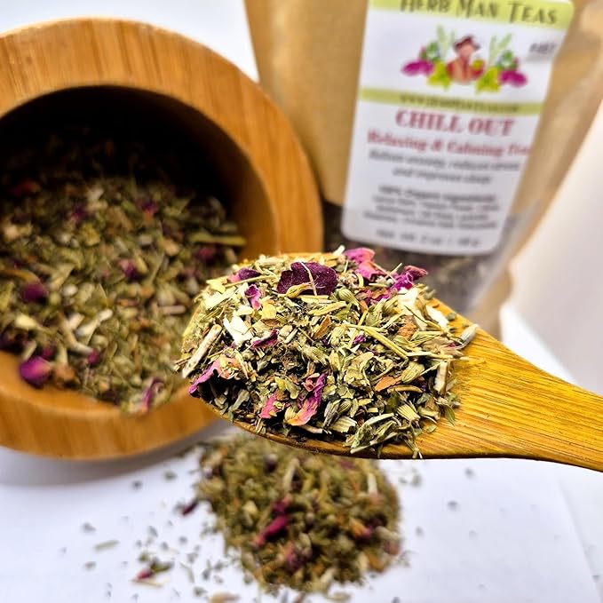 CHILL OUT RELAXING TEA – Calm &amp Stress Relief Support – Organic Loose Leaf – by Master Herbalist Khabir | Lemon Balm Passionflower &amp Lavender | 100% Organic
