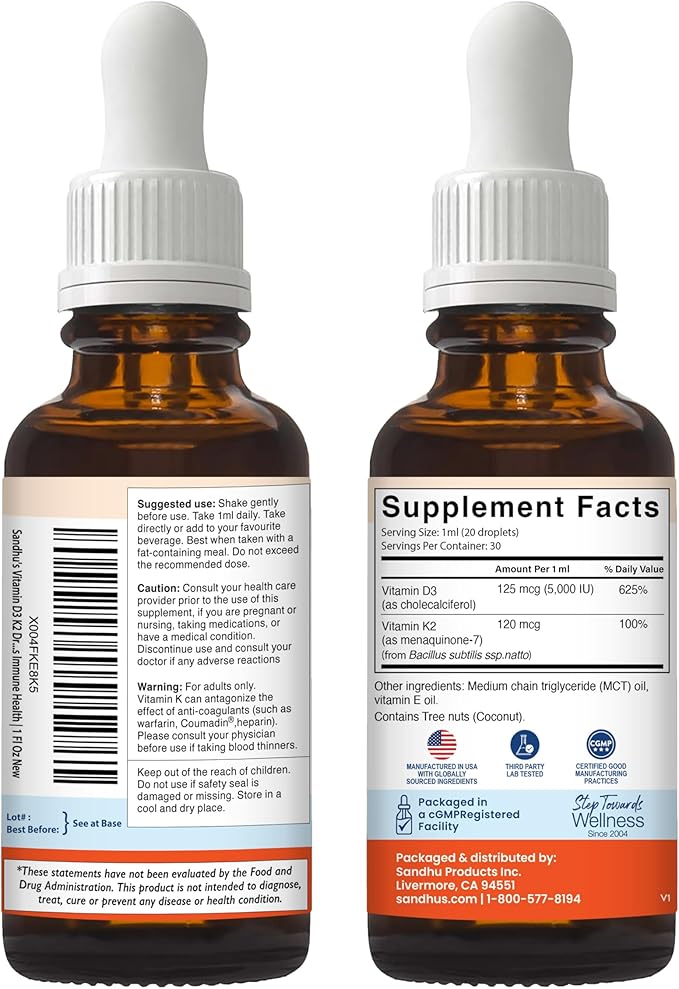 Sandhu's Vitamin D3 K2 Drops for Adults | 5000 IU D3 Liquid 120mcg K2 Supplement 1 Fl Oz (Pack of 2) | D3K2 Supports Superior Absorption Energy Immune Muscle Health for Men &amp Women