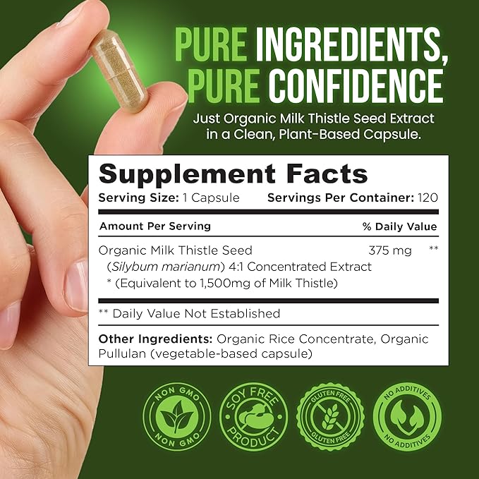 OmniBiotics Organic Milk Thistle Supplement 1500mg – 4X Concentrated Extract with Silymarin – High Potency Liver Detox &amp Support – 120 Vegan Capsules