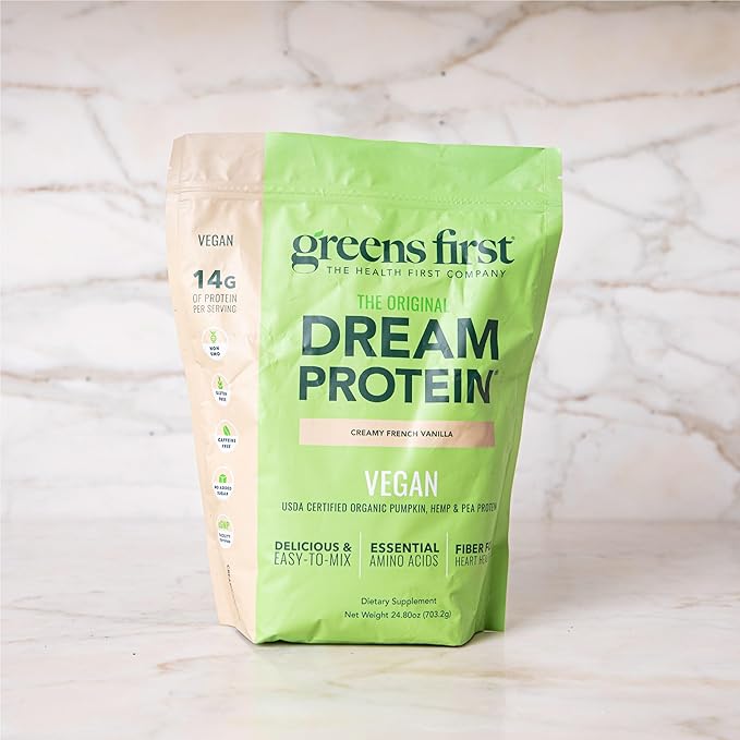 Greens First Dream Protein Plant-Based Vegan Powder - USDA Organic Pumpkin Hemp &amp Pea Protein - Gluten-Free Non-GMO No Added Sugar (Creamy French Vanilla 24.8 oz)