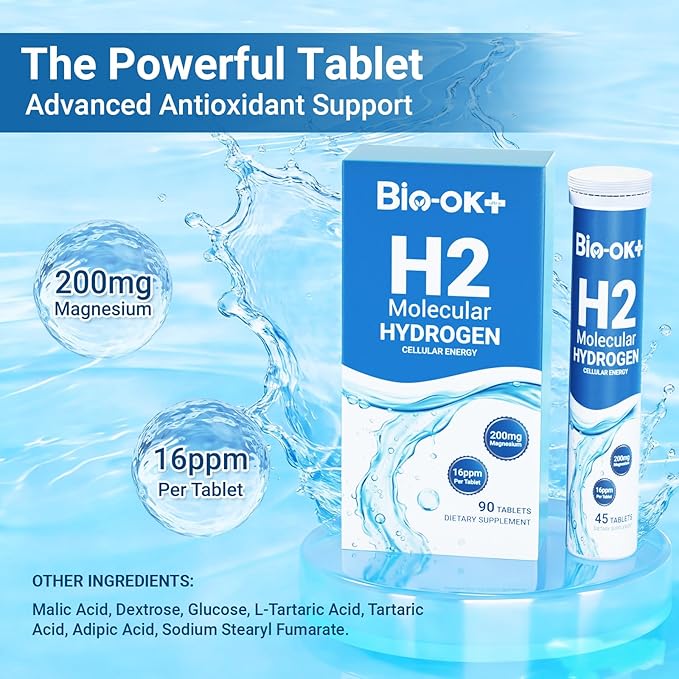 Hydrogen Water Tablets with 200MG Magnesium 16 PPM H2 Hydrogen Tablets for Drinking Water Rich in Antioxidants Supports Cellular Health Recovery Immune &amp Brain Cognitive Function (90 Servings
