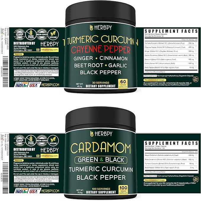 Bundle 2-Pack 60 Count 7in1 Curcumin Supplement &amp 100 Count 4in1 Cardamom Supplement for Digestion Heart Health and Natural Wellness
