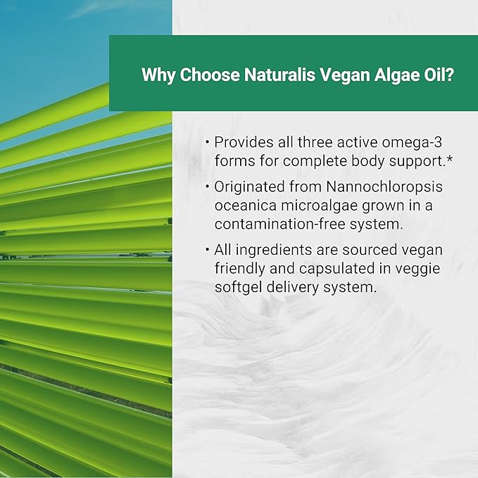 Naturalis Vegan Omega 3 DHA EPA &amp DPA from Algae | Vegan Society Certified Sustainably Sourced True Full Spectrum | 60 Veggie Softgels (Carrageenan Free)