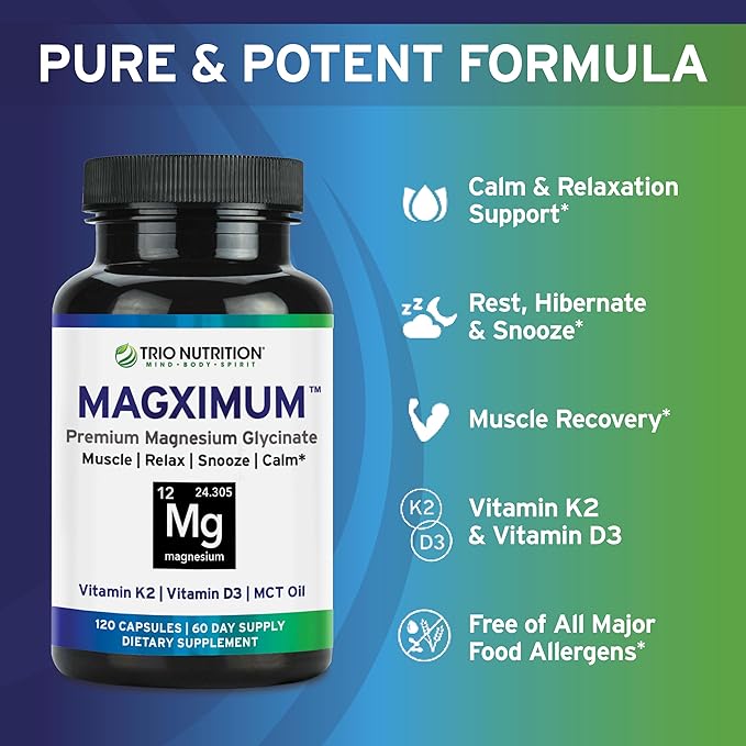 Trio Nutrition MagX Magnesium Glycinate Vitamin D3 Vitamin K2 &amp MCT Oil | Chelated Magnesium Supplement | Calm Relaxation &amp Recovery | Be Well Rested &amp Start Your Day with Magximum