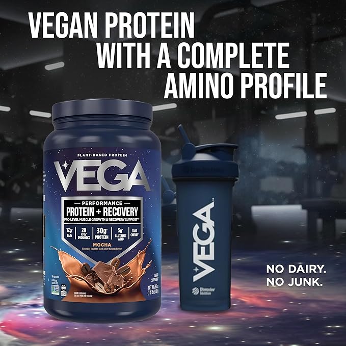 Vega Sport Vegan Protein Powder + Recovery - 30g Plant Based Protein per Serving Mocha 19 Servings 5g BCAAs Probiotics NSF Certified for Shakes &amp Smoothies 1.8lbs (Packaging May Vary)