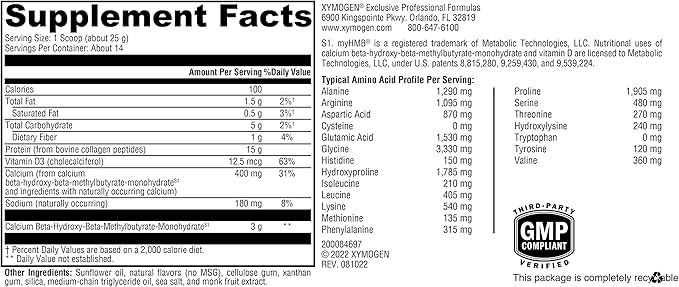 XYMOGEN FIT Lean Food Collagen - Muscle Recovery &amp Connective Tissue Support - Collagen Peptide Protein Powder - with HMB &amp Vitamin D3 - Vanilla - 14 Servings (13.83 oz)