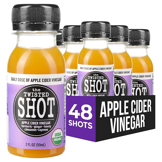 The Twisted Shot | Organic Apple Cider Vinegar Wellness Shots with Ginger Turmeric Honey Cinnamon &amp Cayenne | Supports Digestion Immunity &amp Gut Health | 32 oz Bottle + Forty-Eight 2 oz Min