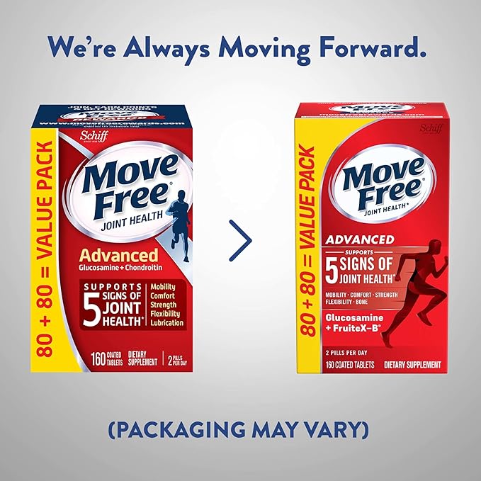 Move Free Advanced Glucosamine Chondroitin + Calcium Fructoborate Joint Support Supplement Supports Mobility Comfort Strength Flexibility &amp Bone - 160 Tablets (80 servings)*