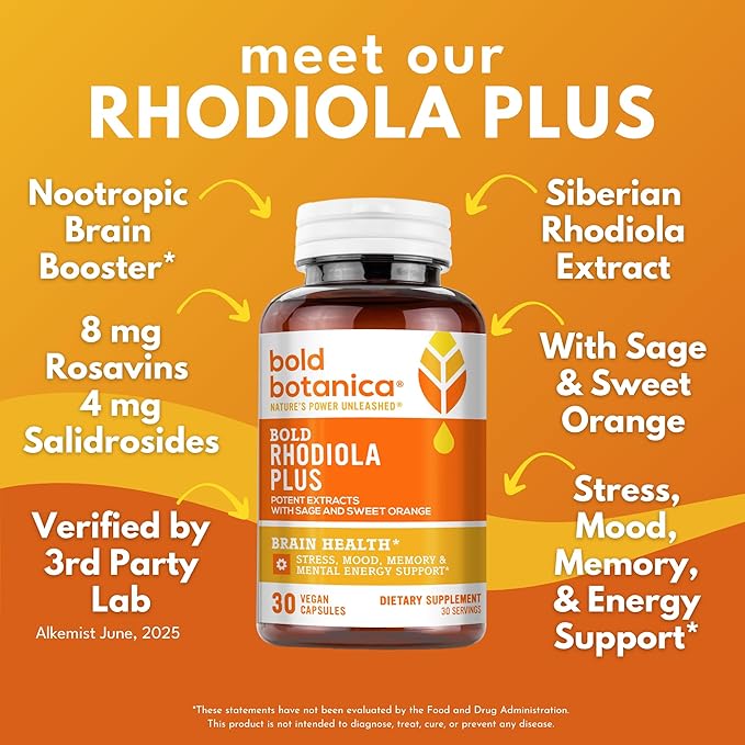 Bold Botanica Rhodiola Plus — Siberian Rhodiola Rosea Extract Supplement 8mg Rosavins 4mg Salidroside — Premium Adaptogen Supplement for Stress Memory Focus &amp Energy Support — 30 Vegan Capsule
