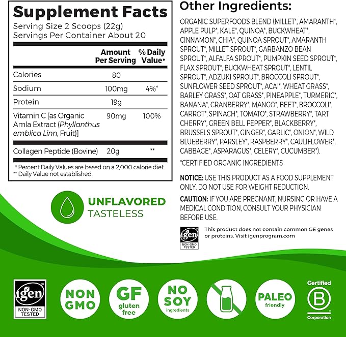 Orgain Hydrolyzed Collagen Powder + 50 Organic Superfoods For Women &amp Men 20g Grass Fed Collagen with Vitamin C Unflavored - Hair Skin Nail &amp Joint Support Supplement Non-GMO Type I &am