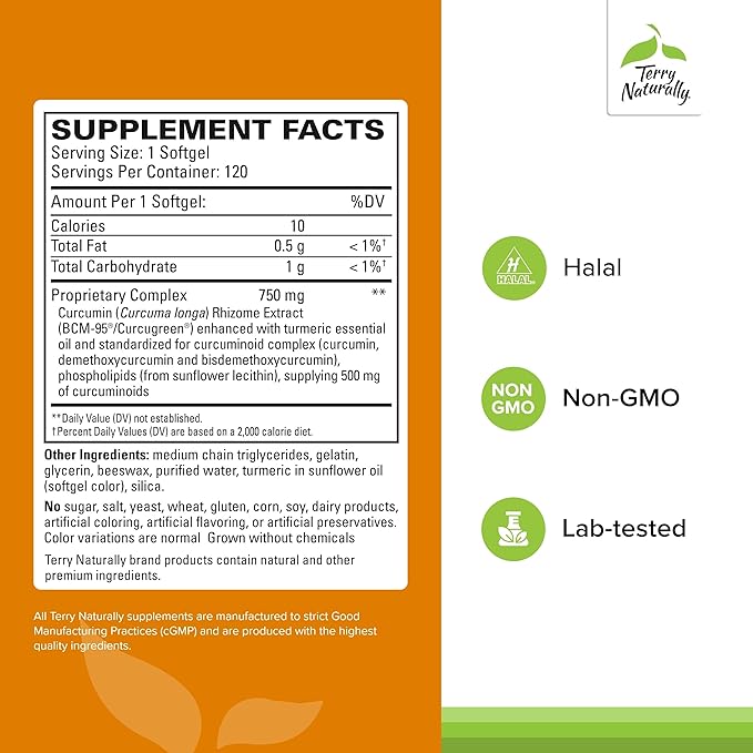 Terry Naturally CuraMed 750 mg - Antioxidant Supplement for Brain &amp Heart Health - Supplement with High-Potency Curcumin Complex - Kidney Liver &amp Immune Health Support - 120 Softgels (Pack of