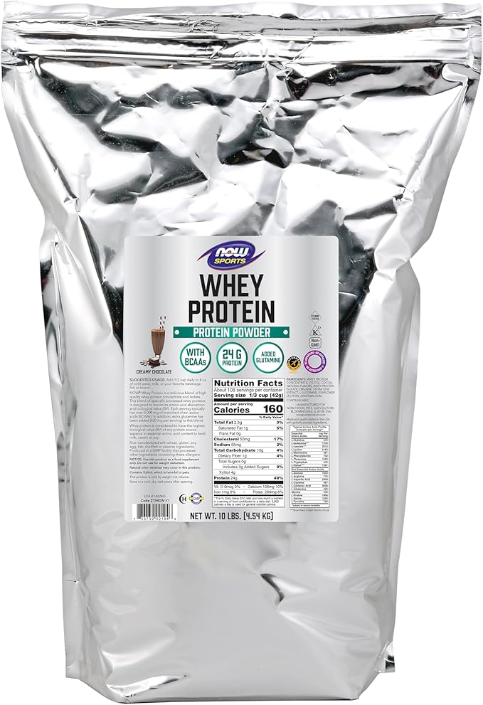 NOW Foods Sports Nutrition Whey Protein 24 g With BCAAs Creamy Chocolate Powder 10-Pound