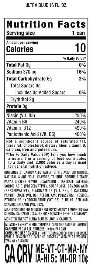 Monster Energy Ultra Blue Sugar Free Energy Drink 16 Ounce | Pack of 15