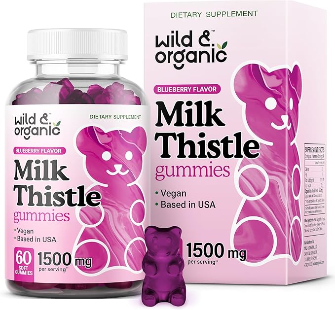 Wild &amp Organic Milk Thistle Gummies 1500mg - Herbal Supplement for Liver Cleanse Detox - Silymarin Milk Thistle Liver Detox Gummies - 60 Vegan Non-GMO Chews